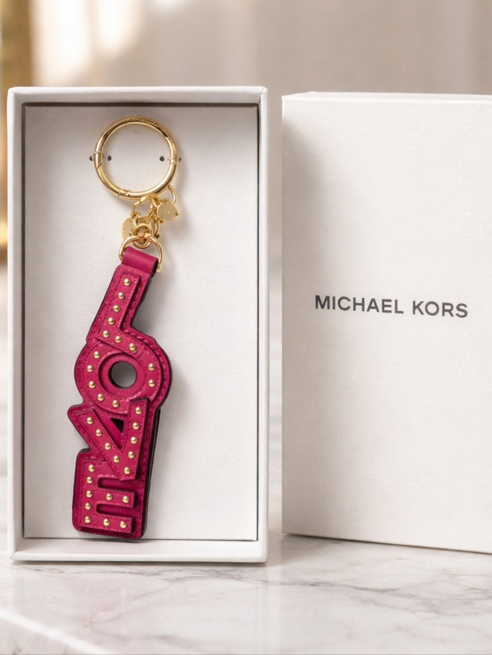 Michael Kors 'LOVE' Studded Leather Keychain Charm with Gold Hardware